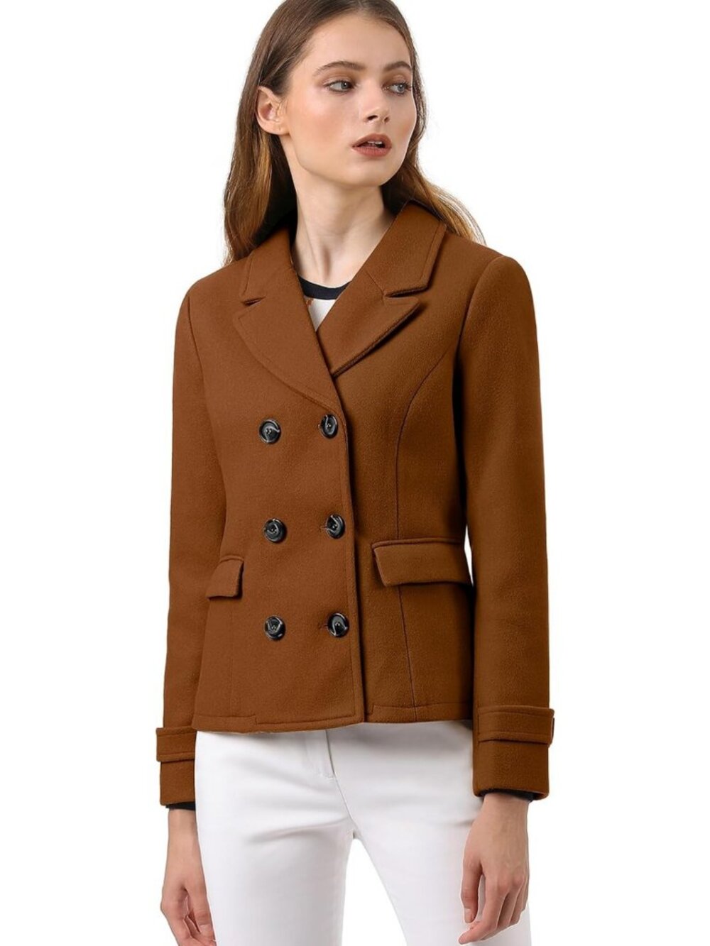 Elegant Women's Double Breasted Short Pea Coat with Notched Lapel - Stylish
